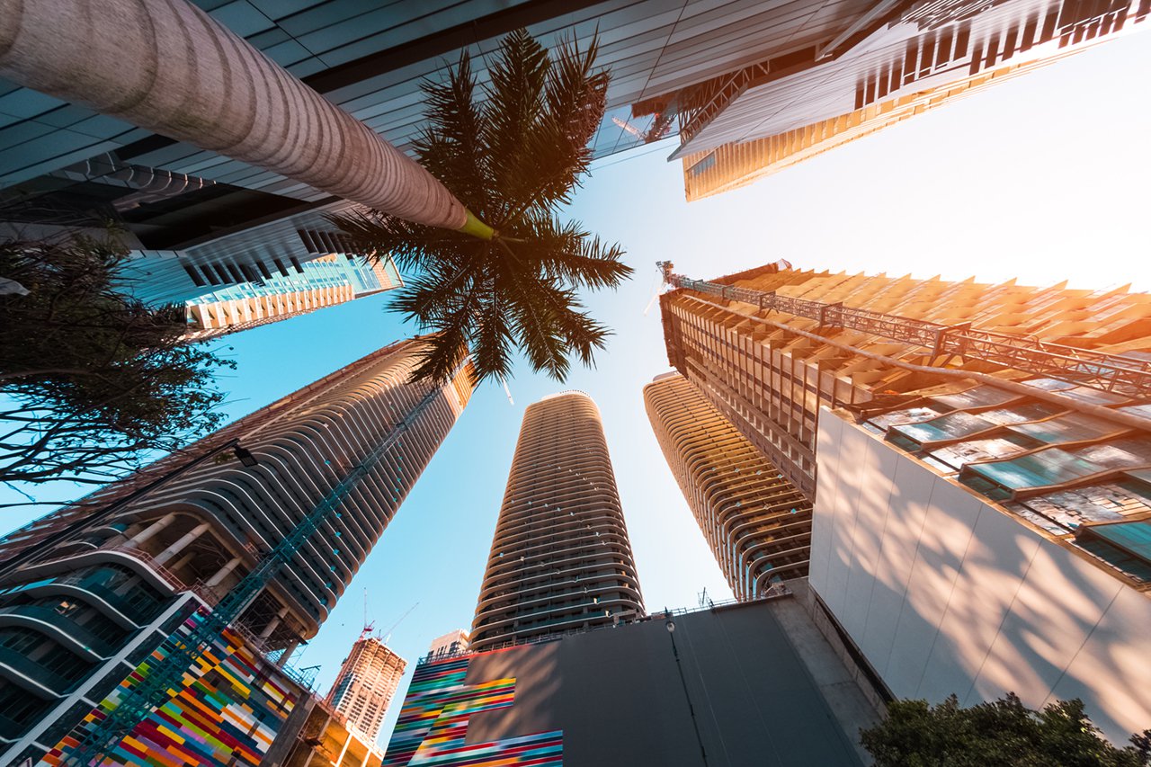 Downtown Miami skyscrapers and palm trees, located 25 minutes from The Flats at 15th in Miramar, Florida.